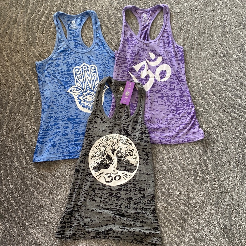 Brand new tank tops - yoga themed - set of 3
